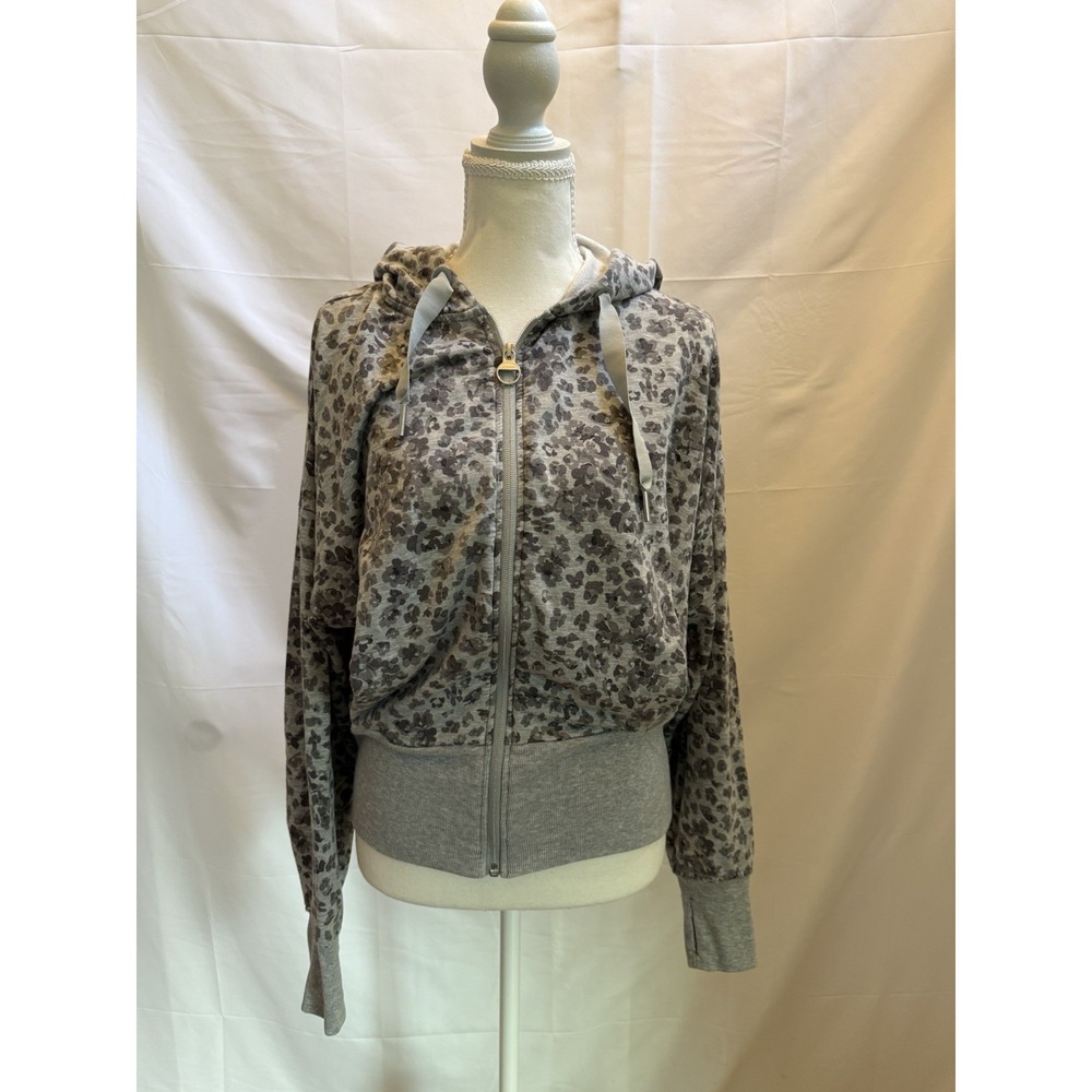 Athleta Hoodie Womens Small Gray Leopard Print Full Zip Up Sweatshirt Jacket